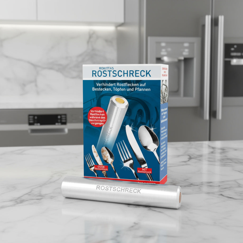 Rokitta's Rostschreck Verpackung mit Stick auf einer Küchenarbeitsplatte
